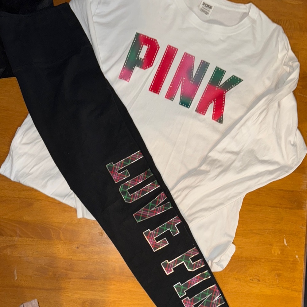 Black Leggings with Plaid LOVE PINK Graphic